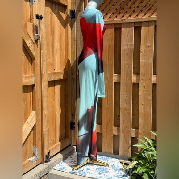 🆕 RAT & BOA 🧿 NWOT Santino Sheer Long Sleeve Dress, Blue with Red Tulip Sz XXS - Picture 8 of 16